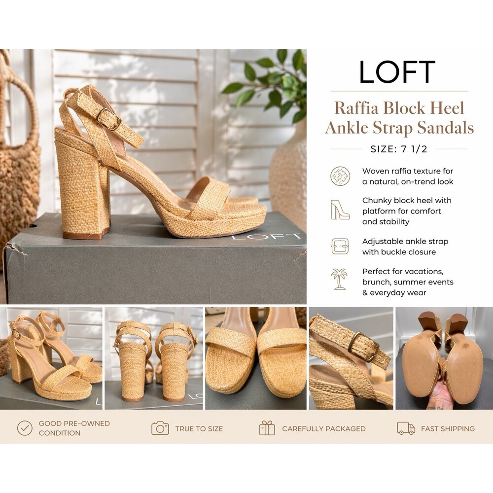 LOFT Raffia Block Heel Sandals Natural Ankle Strap Platform Size 7.5